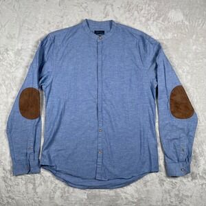 Zara Man Blue Band Collar Long Sleeve Shirt with Elbow Patches Mens